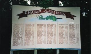 A "Big Board of Champ Sightings" stands near Bulwagga Bay.
