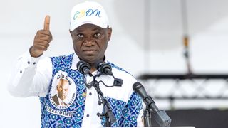Brice Clotaire Oligui Nguema, candidate for the Gabonese presidential election during his campaign opening rally at the Amitie stadium in Libreville on March 29, 2025.
