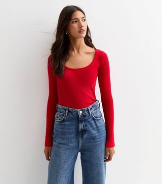 Red Ribbed Long Sleeve Scoop Neck Top