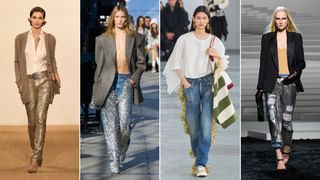 Embellished silver and gold jeans at Ralph Lauren, Stella McCartney, Undercover, and Versace Fall 2024