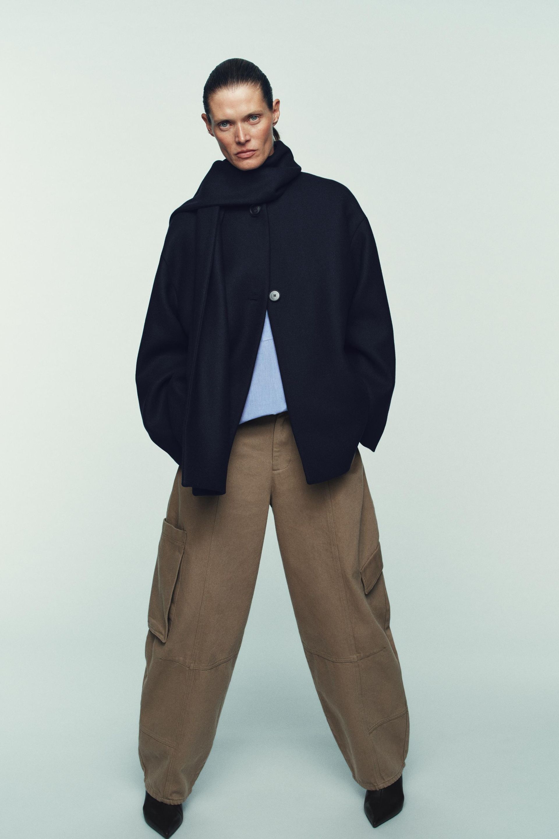 Wool Blend Short Coat With Scarf