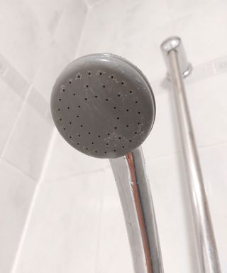 showerhead covered in white limescale marks