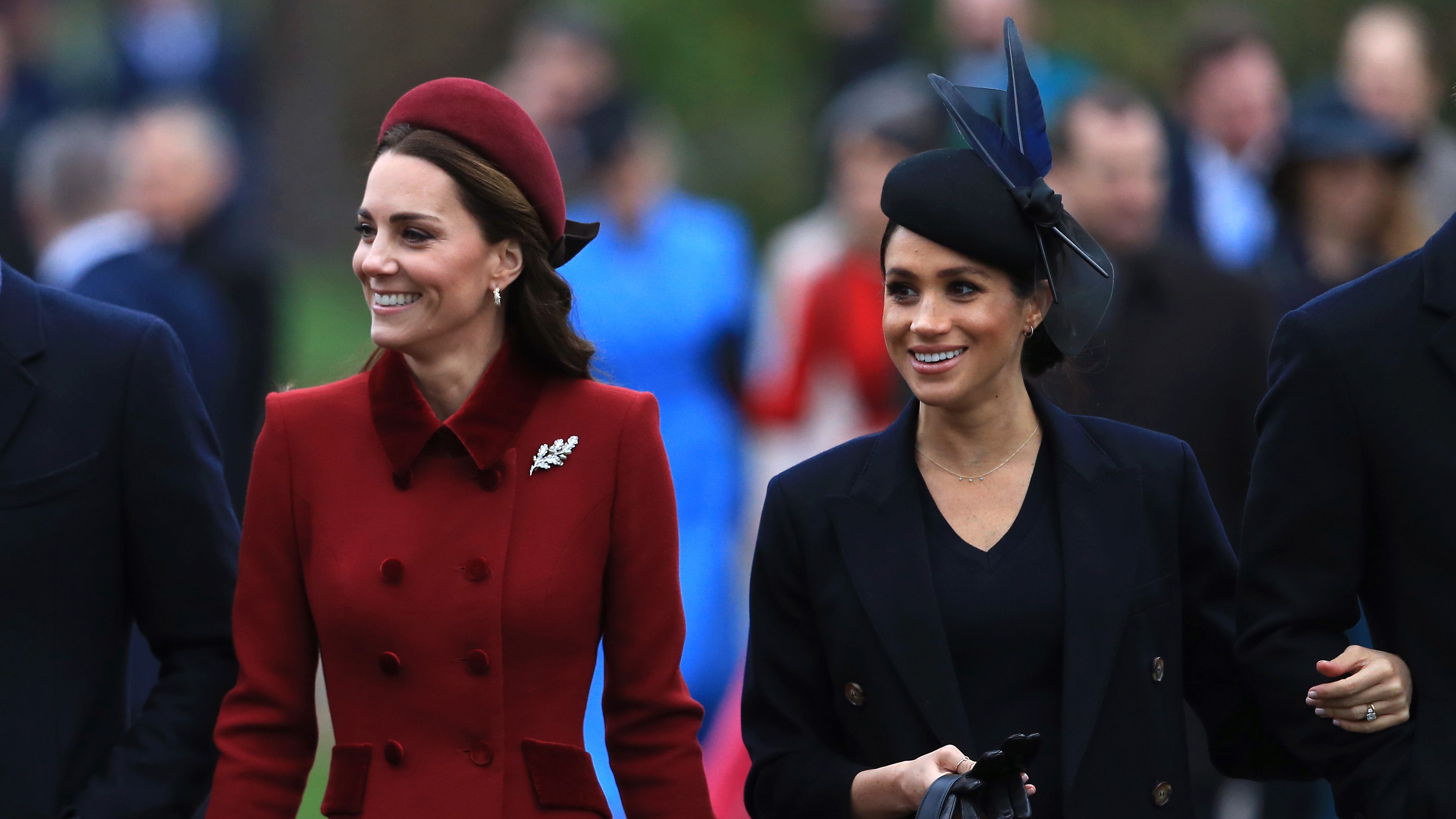 catherine, duchess of cambridge and meghan, duchess of sussex arrive to attend christmas day church service at church of st mary magdalene on the sandringham estate on december 25, 2018