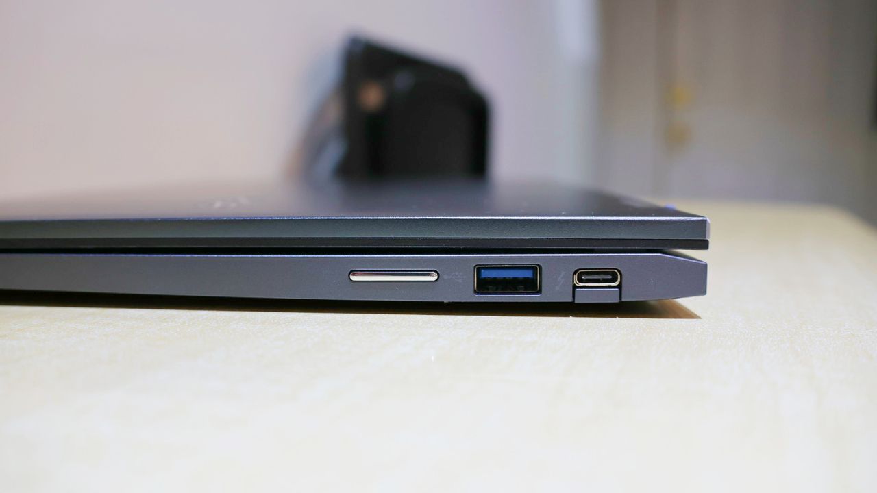 Side-view of the Acer Chromebook Spin 714, showing the ports on the right-hand side.