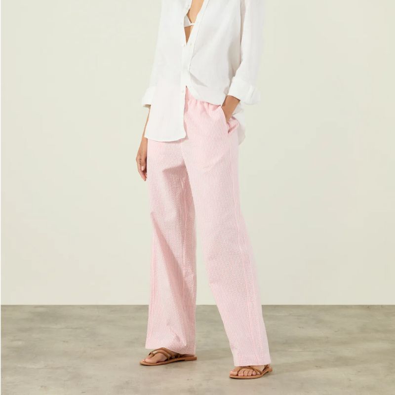 The Palazzo: Seersucker, Pink Stripe on model 