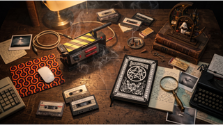 A selection of Halloween-themed home office desk accessories on a gothic style desk