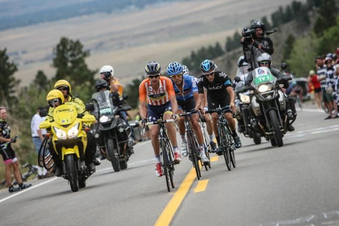 Michael Rogers (Saxo-Tinkoff) leads a small group up one of the last rollers of the day.