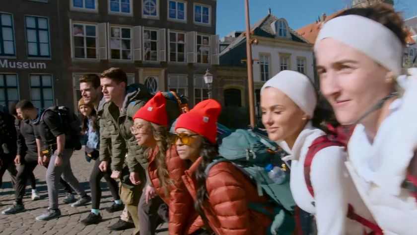 Rubina and Kristine Bernabe, Tucker and Eric Des Lauriers, and Natalie and Stephanie Negrotti get ready to start The Amazing Race.