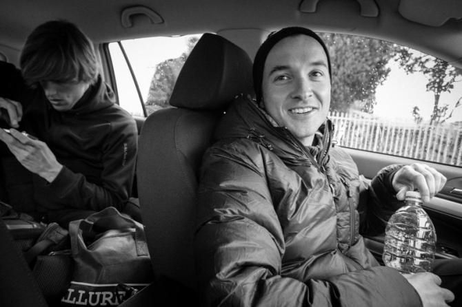 Lucas Euser (UnitedHealthcare) stays warm in the car before riding the team time trial.