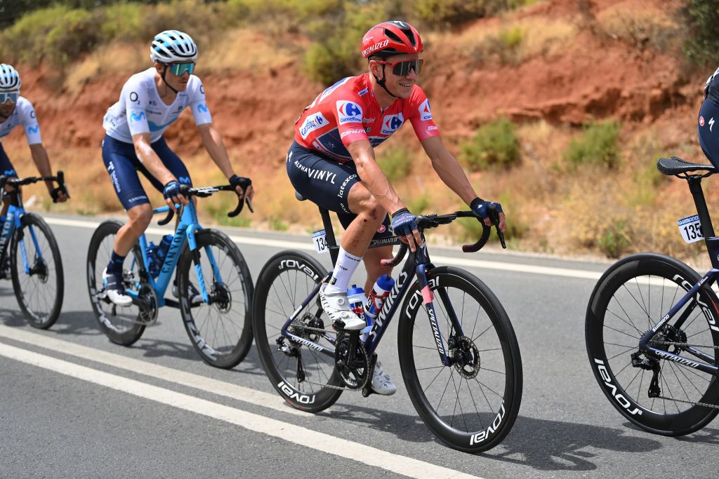 MONTILLA SPAIN SEPTEMBER 02 Remco Evenepoel of Belgium and Team QuickStep Alpha Vinyl Red Leader Jersey competes during the 77th Tour of Spain 2022 Stage 13 a 1684km stage from Ronda to Montilla 315m LaVuelta22 WorldTour on September 02 2022 in Montilla Spain Photo by Justin SetterfieldGetty Images