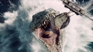 The Mosasaurus depicted in "Jurassic World" leaping out of the water to eat a dangling shark.