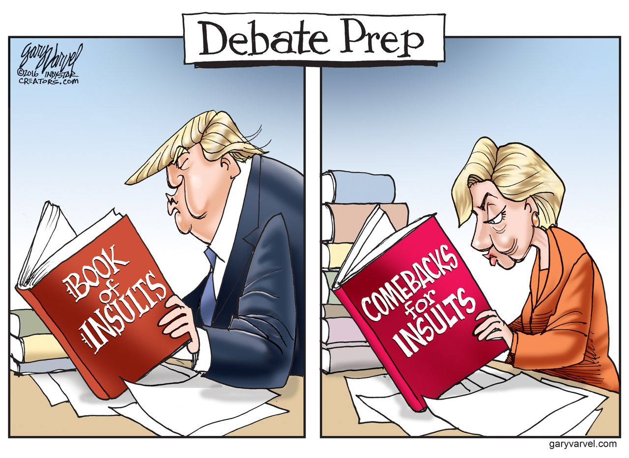 Political cartoon U.S. 2016 election debate preparation Donald Trump Hillary Clinton