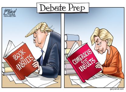 Political cartoon U.S. 2016 election debate preparation Donald Trump Hillary Clinton