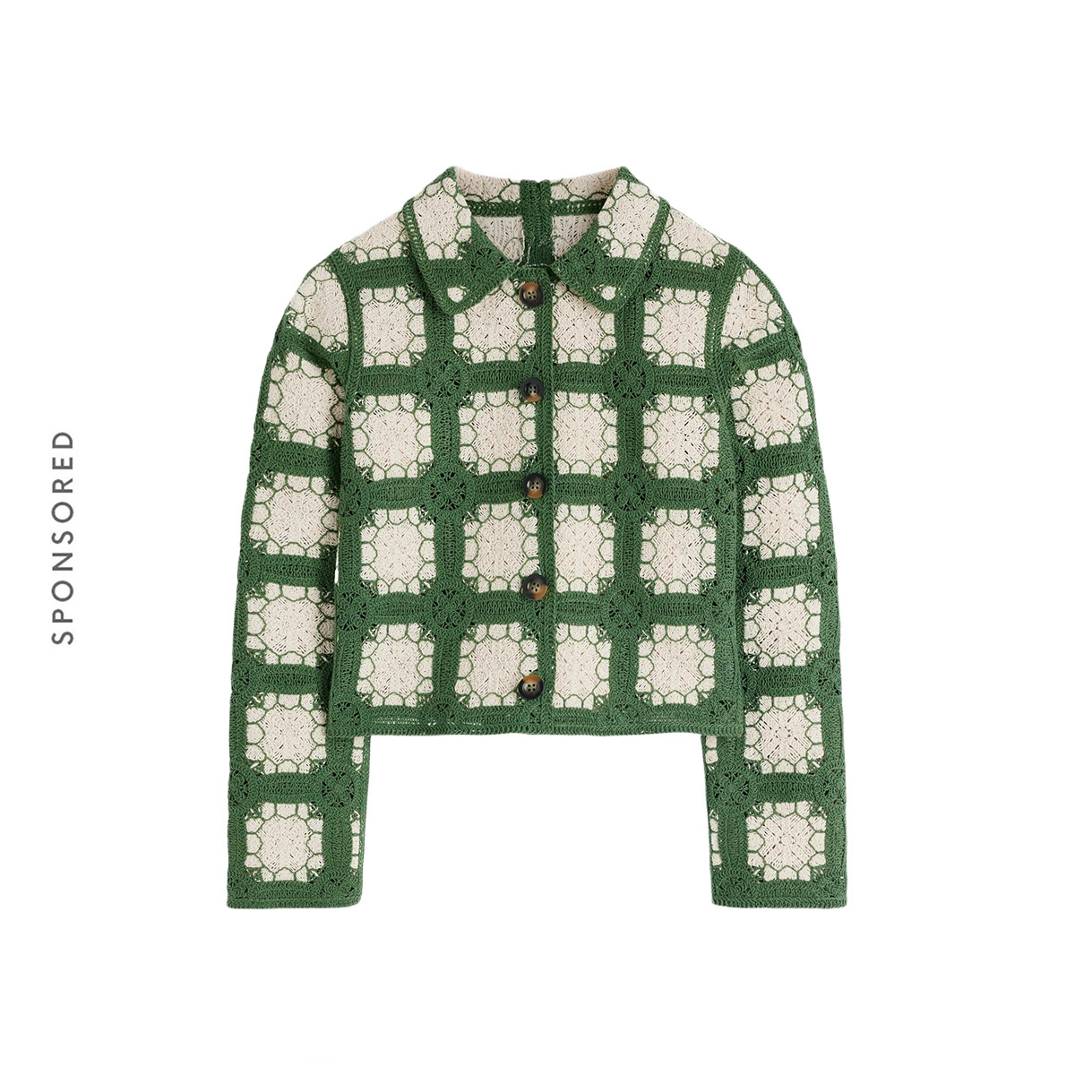green and white crochet button jacket