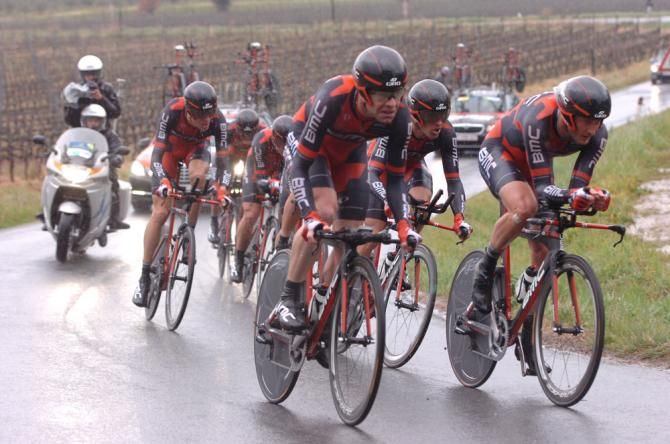 Cadel Evans and his BMC teammates in action during the opening team time trial.