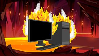 An illustration of a desktop computer and monitor on fire in what appears to be hell