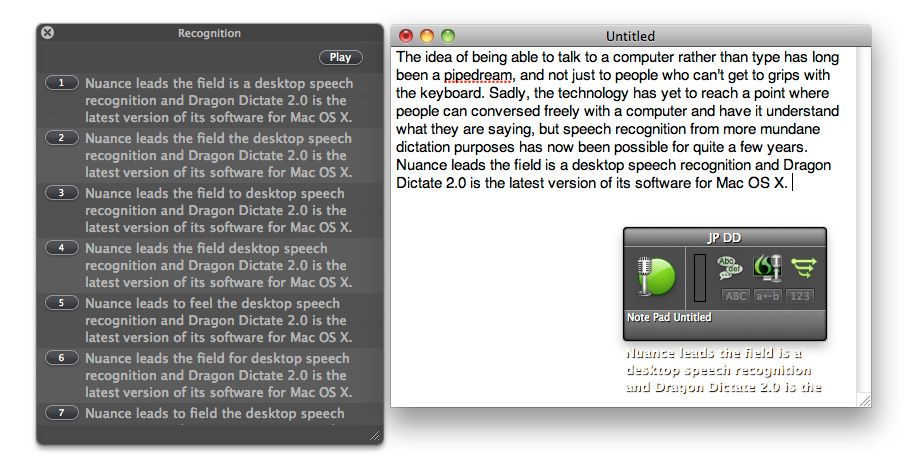 A floating status window turns toggles between live recognition and an optional recognition window shows the last recognised