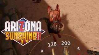 The Arizona Sunshine 2 logo on a screenshot of Buddy the dog holding a zombie head in his mouth