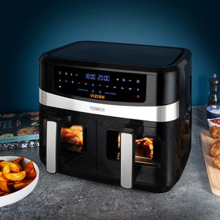 Tower Vortx 9 Litre Dual Basket Air Fryer with Vizion Windows and Smart Finish on countertop