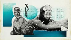 Photo collage of two haenyeo divers, one from the 1950s and one from 2010s.