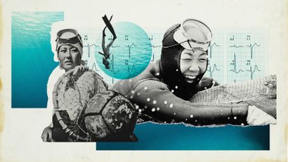 Photo collage of two haenyeo divers, one from the 1950s and one from 2010s.