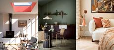 Three examples of color trends 2023. Bright living room with high ceiling, skylight painted red, green kitchen-diner, pink and orange living room with colorful artwork and cream sofa