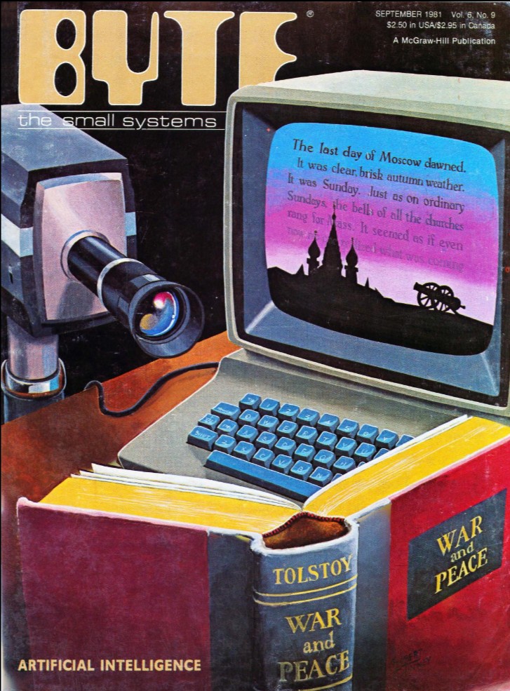 Byte cover showing camera pointed at copy of War and Peace with text from book rendering on nearby computer screen as visual metaphor for machine learning.