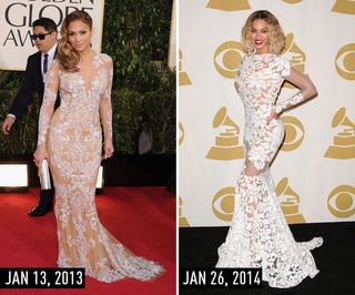 J.Lo (2013) & Beyonce (2014) in formal white lace naked dress with long sleeves and a short train