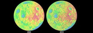 This image shows a comparison of the detail of a 2005 global moon elevation map (left) and one generated by the Lunar Reconnaissance Orbiter in 2010. NASA released this image on June 21, 2011.