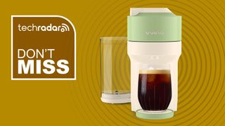 Nespresso Vertuo Pop+ coffee maker on gold background with white text reading 'TechRadar don't miss'