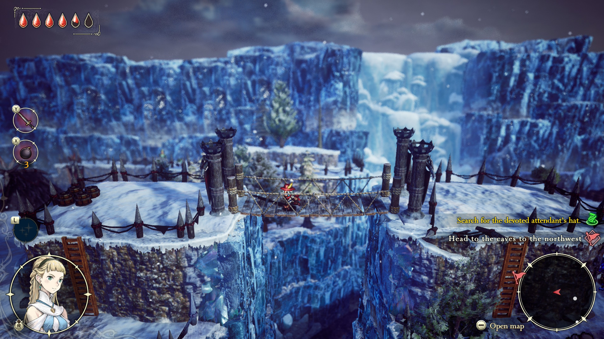 Running across a wooden bridge across snowy mountaintops in The Adventures of Elliot: The Millennium Tales