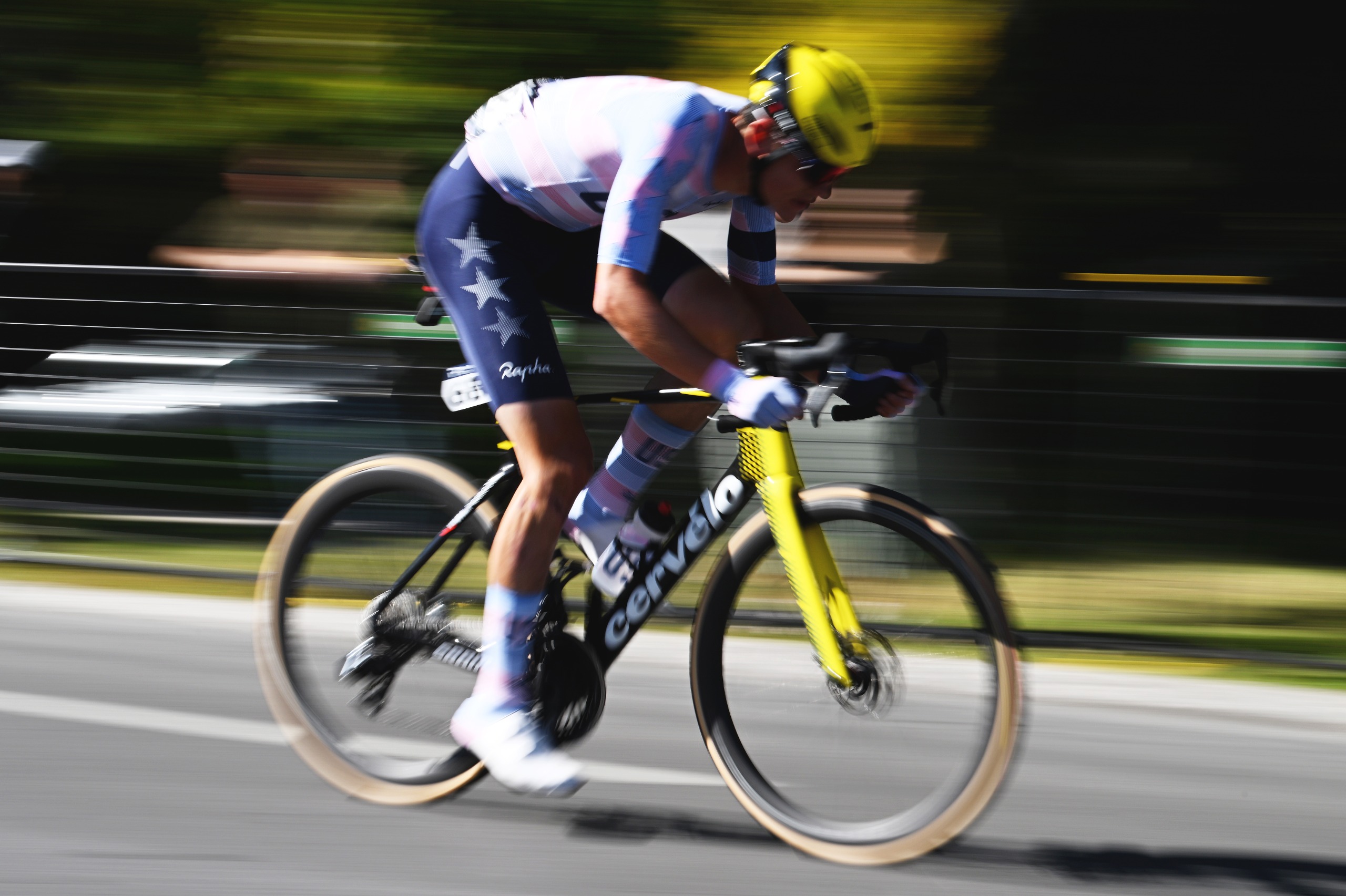 Ashlin Barry (USA) solos during the Under-23 men's road race at the 2026 UCI Road World Championships in Montreal