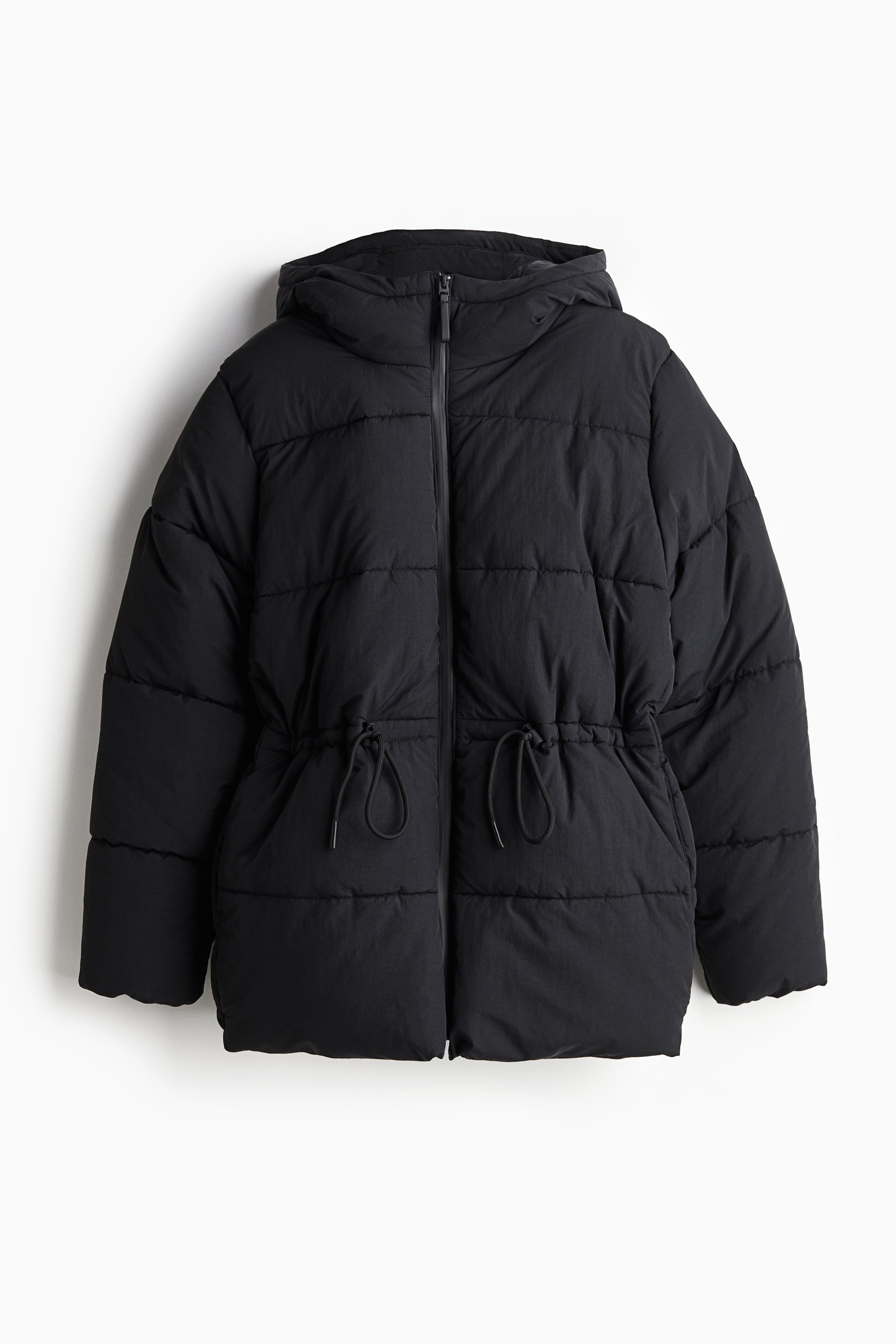 Oversized Drawstring-Waist Puffer Jacket - Black