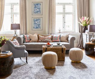 living room gray sofa patterned cushions