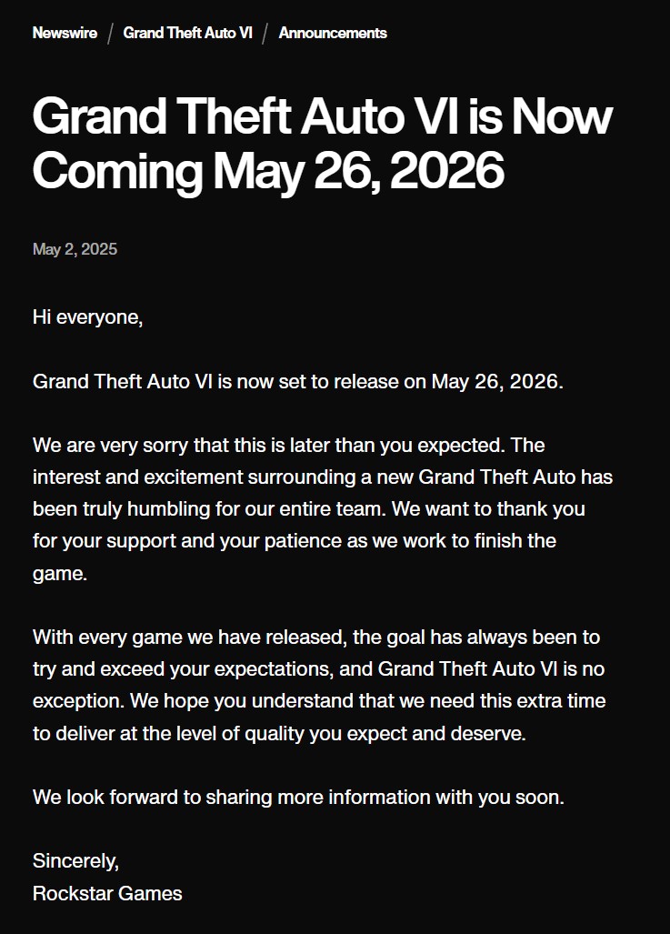 Anúncio de atraso do GTA VI