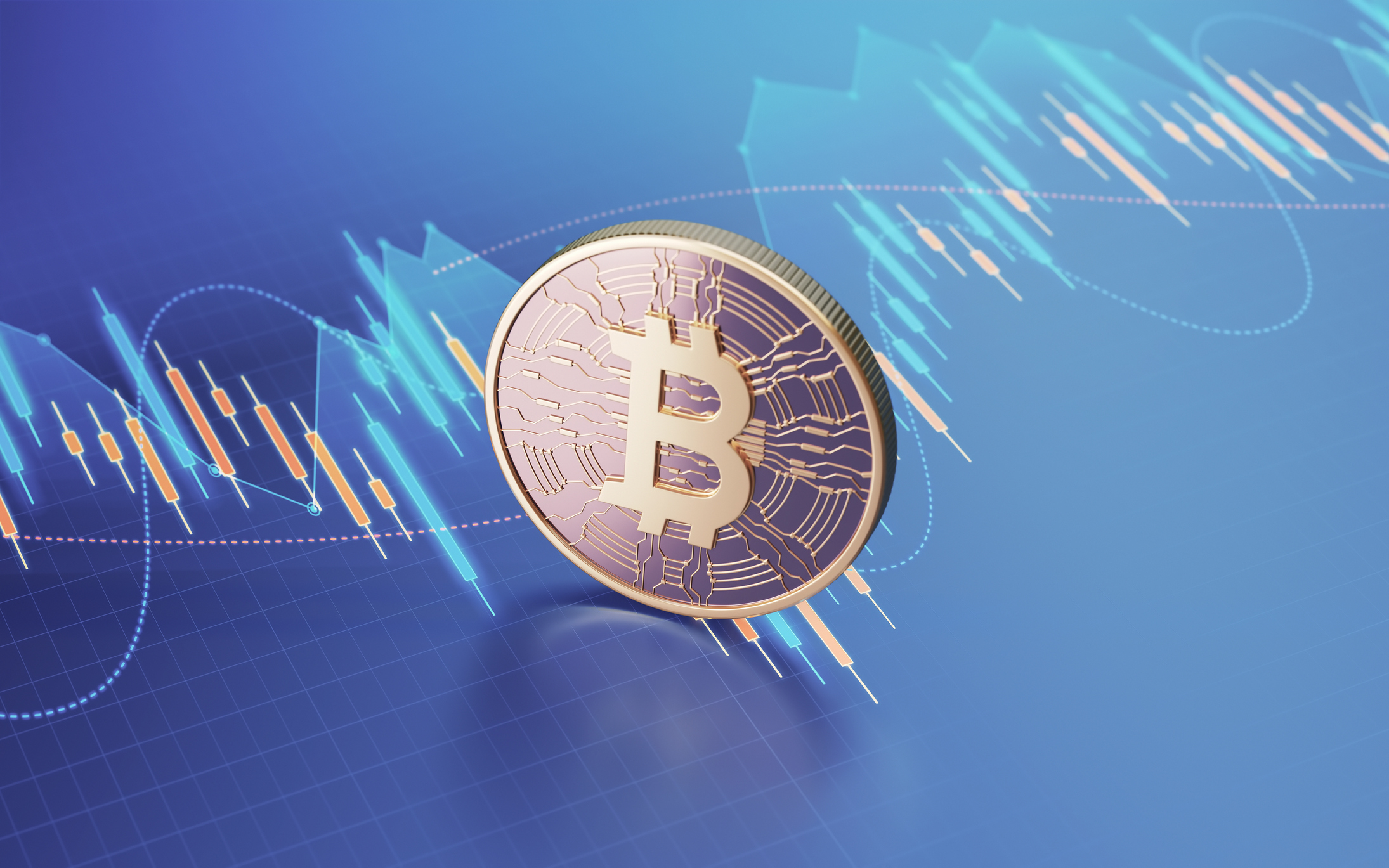 3d render Bitcoin sitting on Business and Financial and Technical Data Chart representing cryptocurrency ETNs