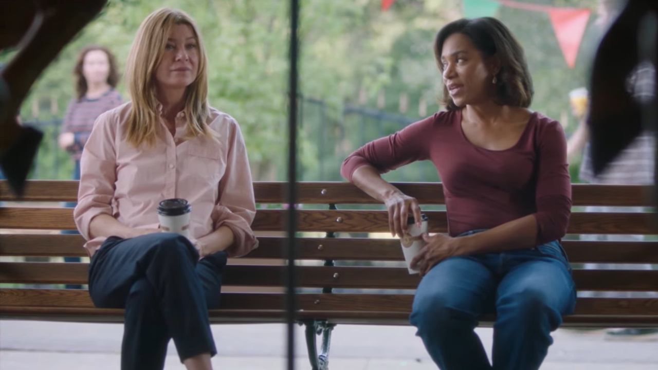 Meredith and Maggie sit on a bench by the carousel in the Grey&#039;s Anatomy Season 22 episode &amp;quot;We Built This City.&amp;quot;