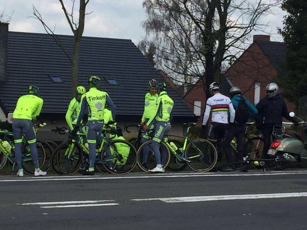 Tinkoff riders gather round Maciej Bodnar after his crash