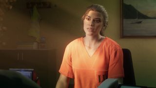 Lucia sitter i en orange fängelseoverall.