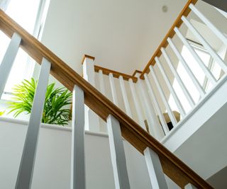 image of white wooden stairs with natural wood bannister leading upstairs