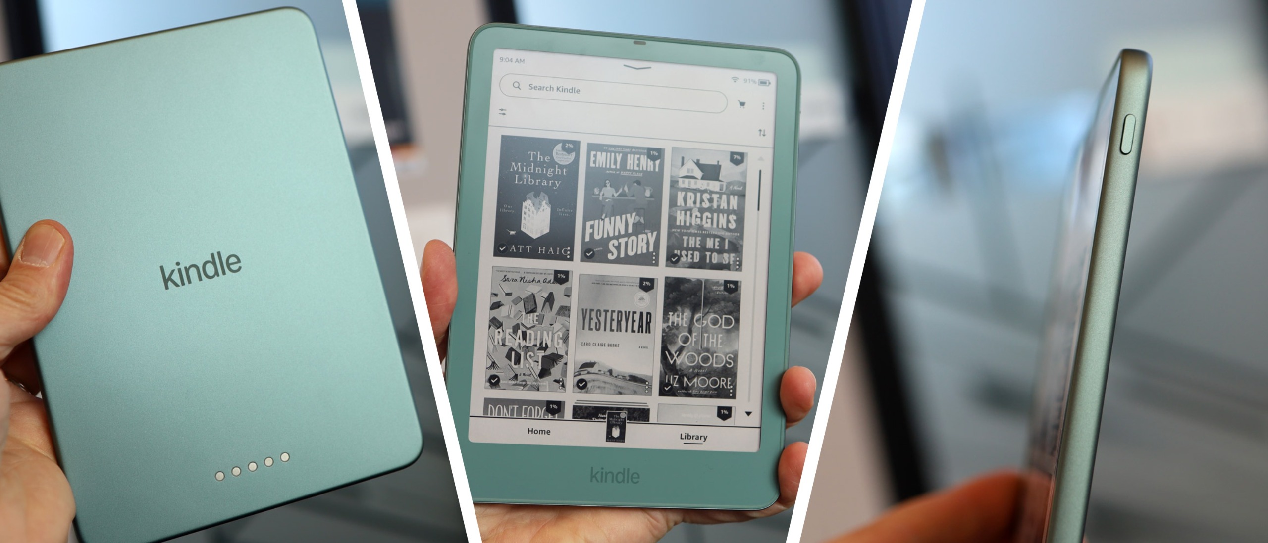 The Kindle Paperwhite 2026 e-reader, from three different angles