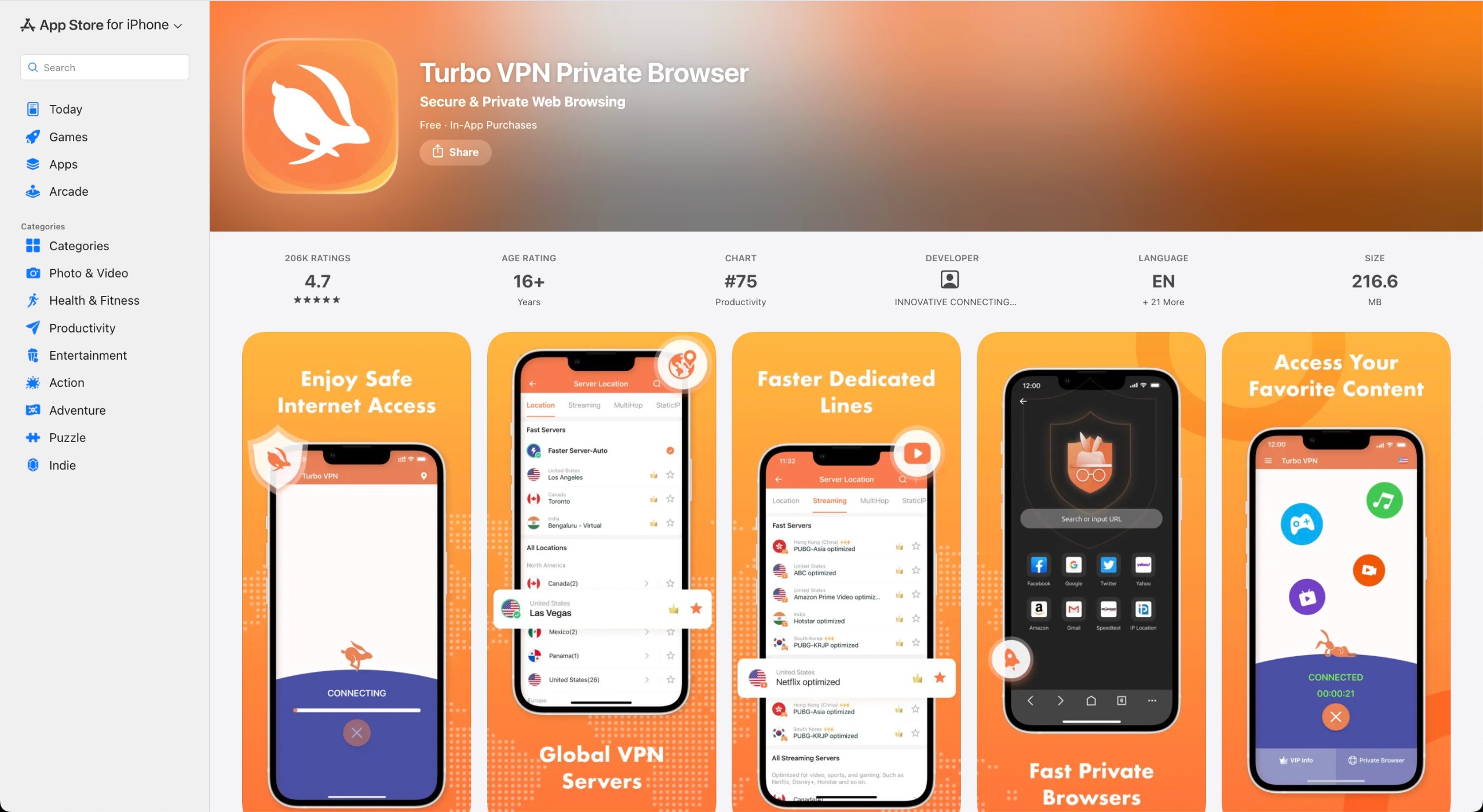 Turbo VPN App Store listing
