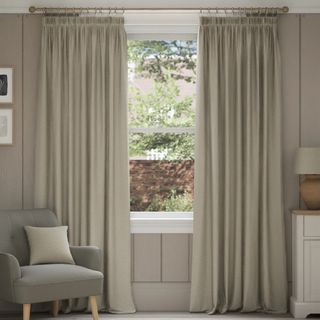 M&S Brushed Pencil Pleat Blackout Temperature Smart Curtains in a living room