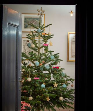 A brightly colored Christmas tree beyond a darkly painted door