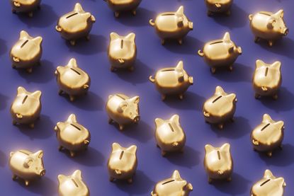 Digitally generated image of golden piggy bank. Concept of fintech technology, new banking and savings.