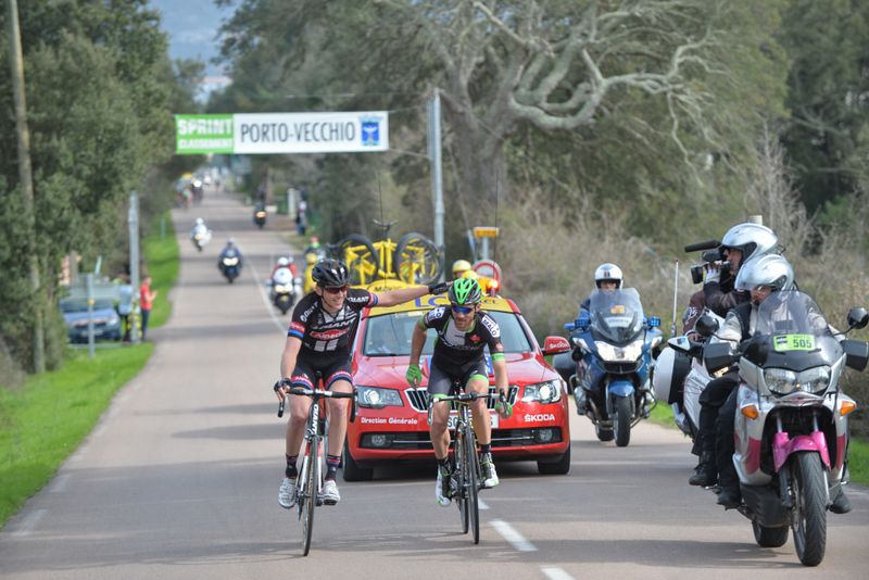 Chad Haga (Giant-Alpecin) and Romain Feillu (Bretagne-S&eacute;ch&eacute; Environnement) acknowledge their work during the stage as they are about to be caught by the peloton