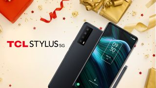 TCL Stylus 5G on a festive background