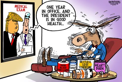 Political cartoon U.S. Trump health Democrats one year