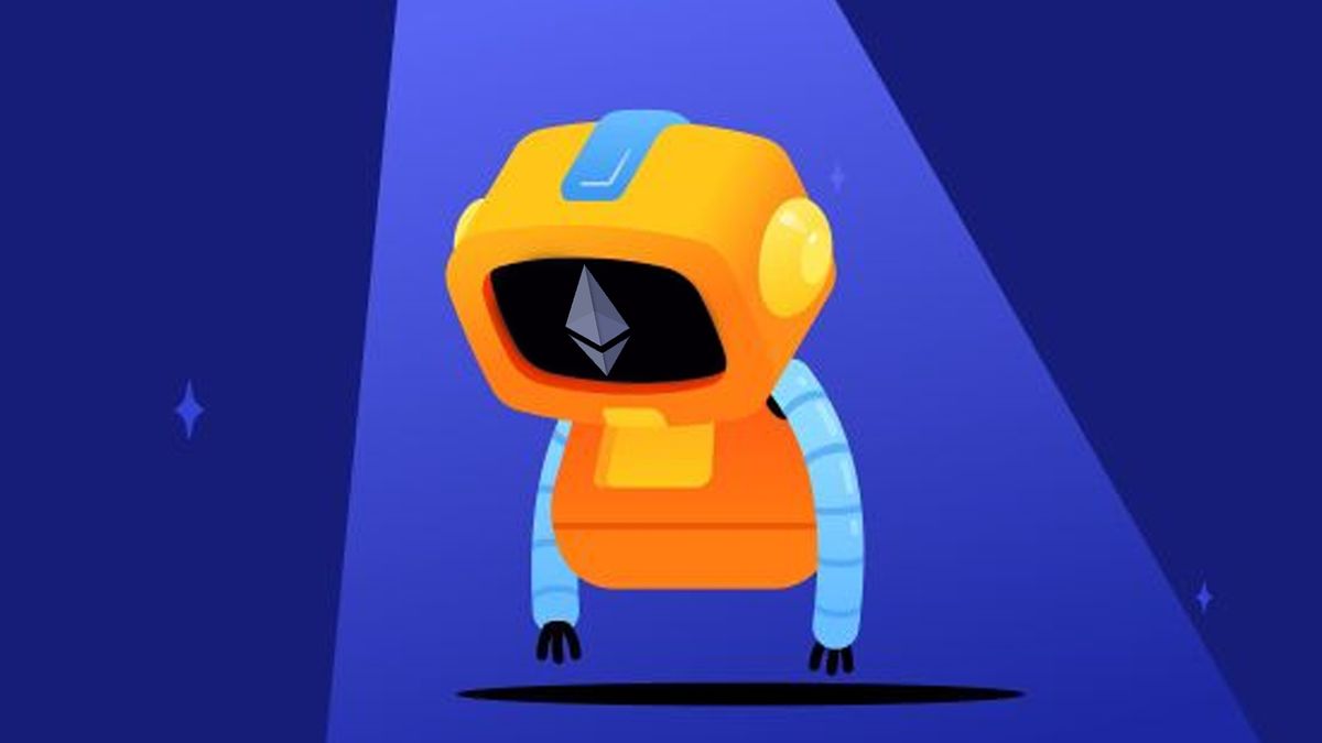 A sad robot in Discord&#039;s logo illustration style, whose face is displaying an Ethereum symbol.