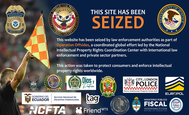 A screenshot of the banner uploaded to domains seized by the US DOJ that were illegal streaming 2026 FIFA World Cup games.
